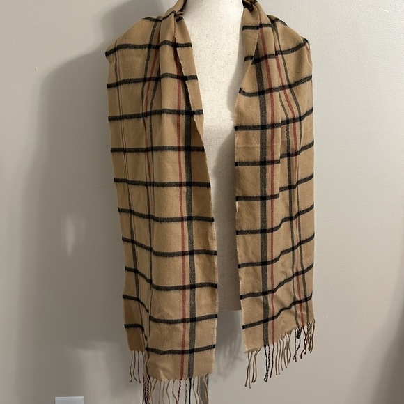 Plaid 100% Cashmere Scarf with Fringe Unisex Tan,Black,Red Quiet Luxury Preppy - Picture 4 of 7